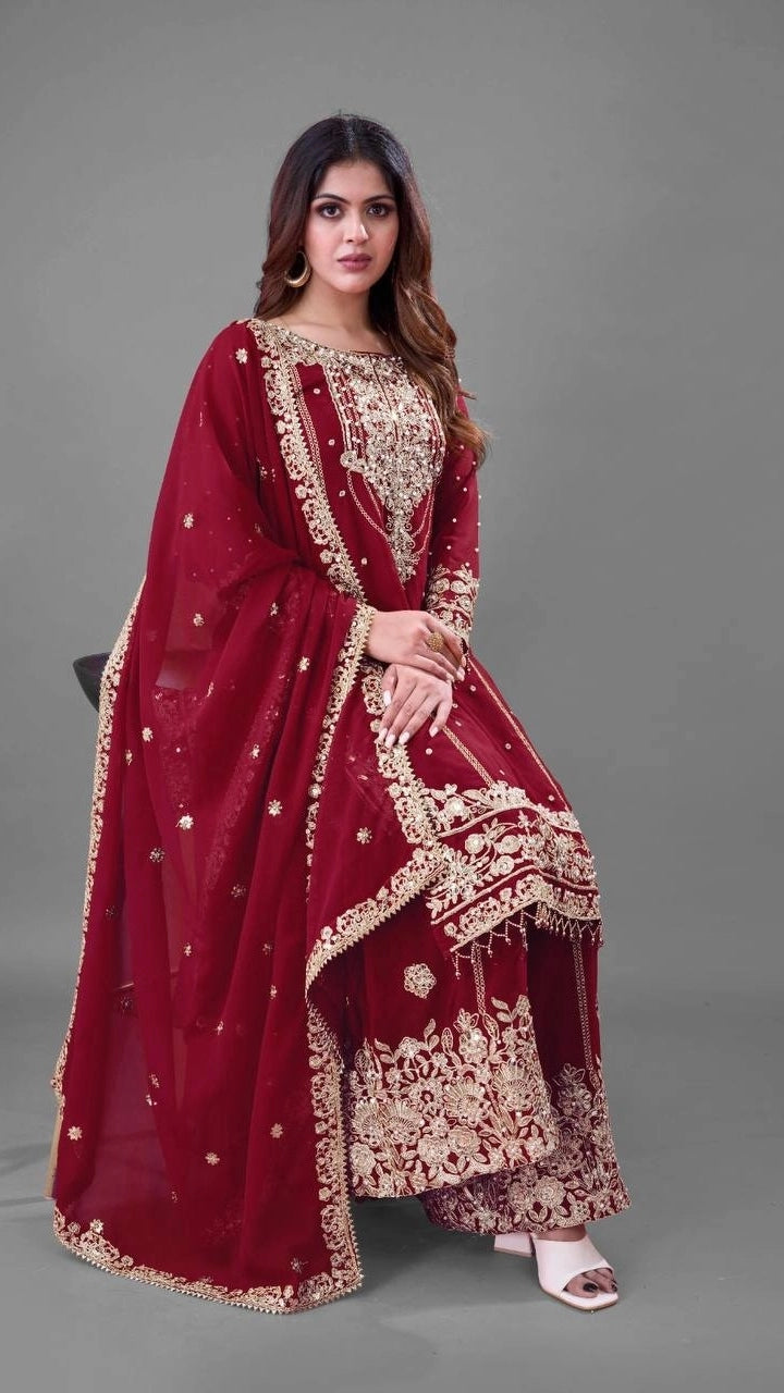 PREMIUM MAROON HEAVY EMBROIDERED WEDDING SUIT | DESIGNER PARTY WEAR PAKISTANI STYLE DRESS FOR WOMEN