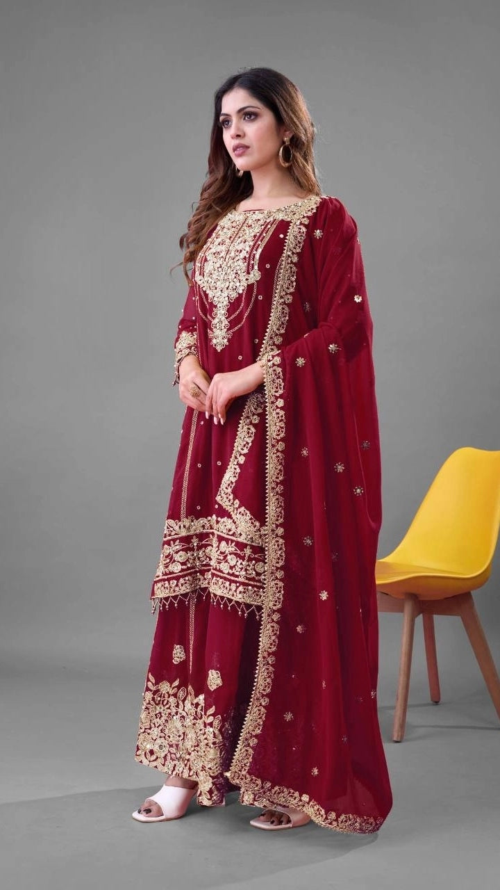 PREMIUM MAROON HEAVY EMBROIDERED WEDDING SUIT | DESIGNER PARTY WEAR PAKISTANI STYLE DRESS FOR WOMEN