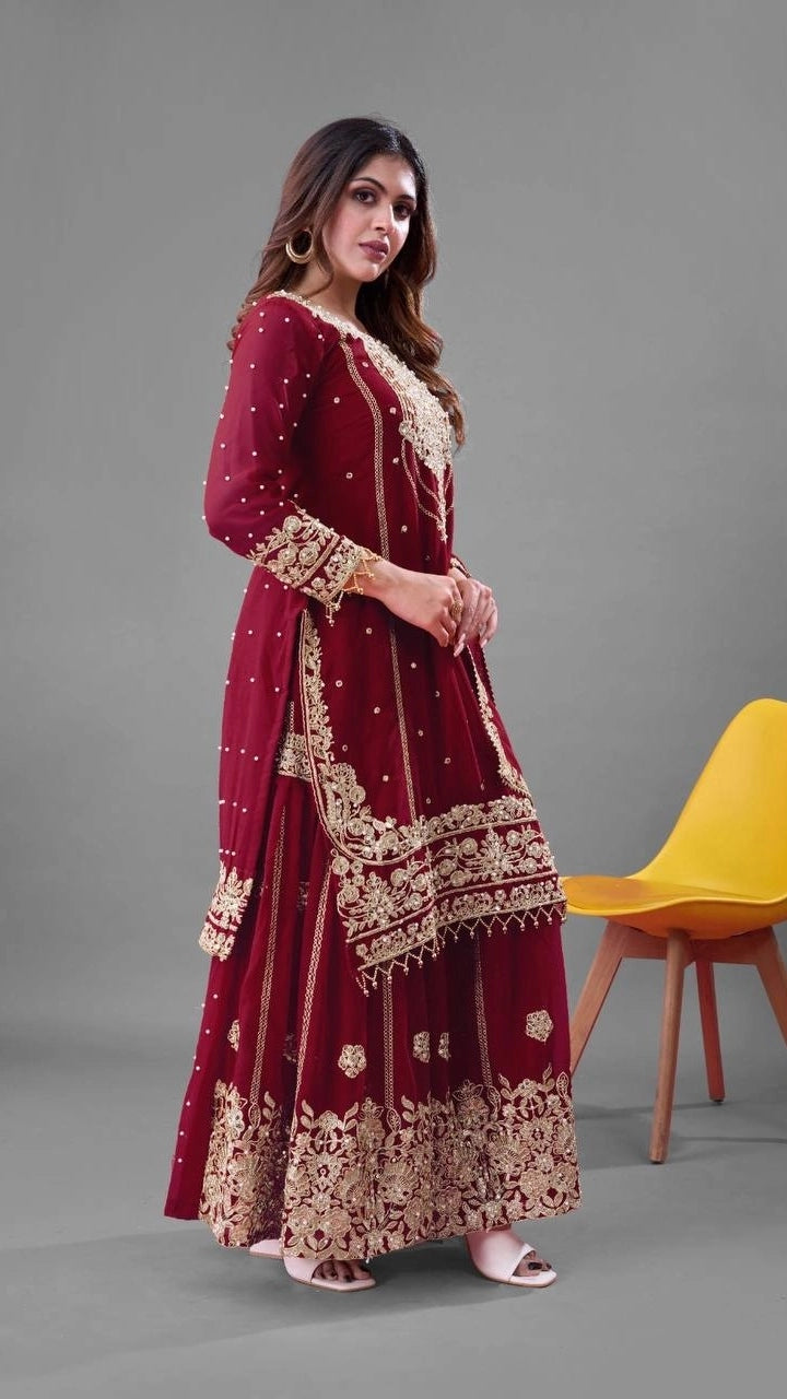 PREMIUM MAROON HEAVY EMBROIDERED WEDDING SUIT | DESIGNER PARTY WEAR PAKISTANI STYLE DRESS FOR WOMEN