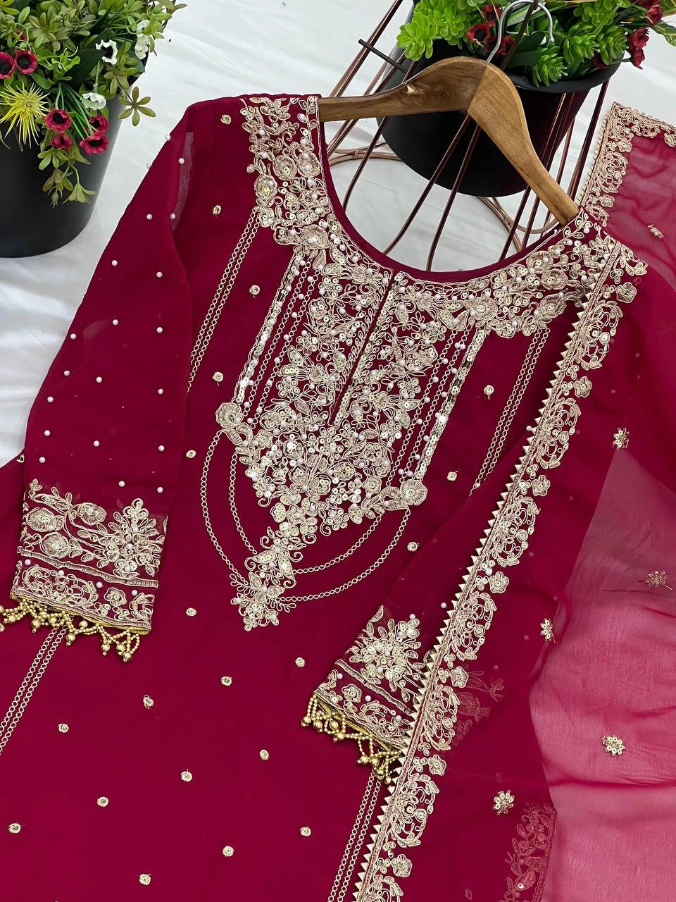 PREMIUM MAROON HEAVY EMBROIDERED WEDDING SUIT | DESIGNER PARTY WEAR PAKISTANI STYLE DRESS FOR WOMEN