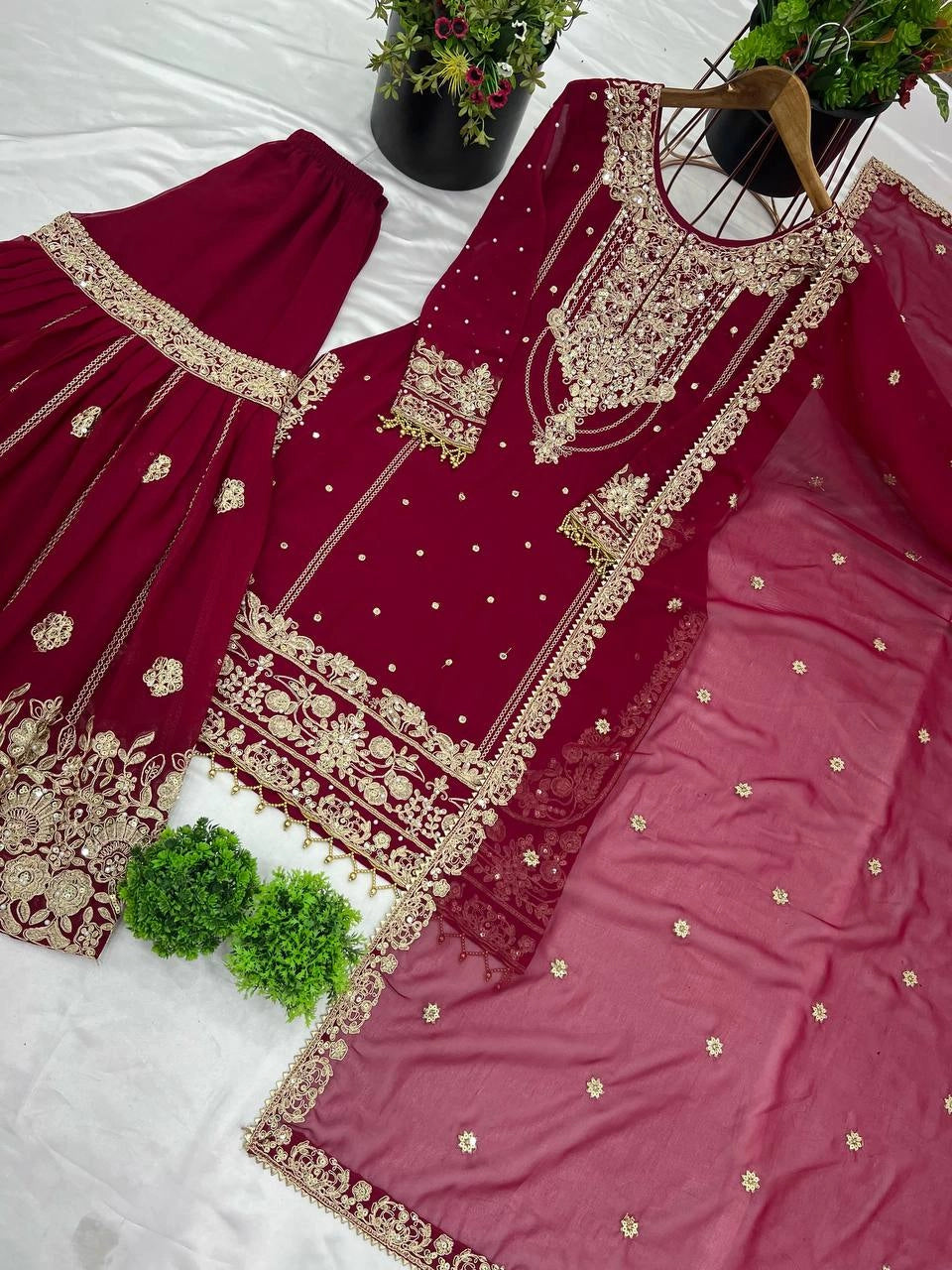 PREMIUM MAROON HEAVY EMBROIDERED WEDDING SUIT | DESIGNER PARTY WEAR PAKISTANI STYLE DRESS FOR WOMEN