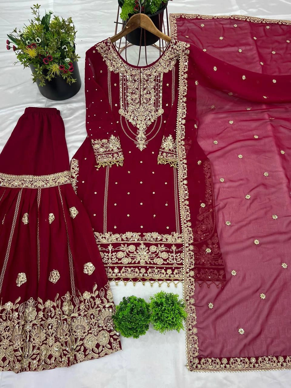 PREMIUM MAROON HEAVY EMBROIDERED WEDDING SUIT | DESIGNER PARTY WEAR PAKISTANI STYLE DRESS FOR WOMEN