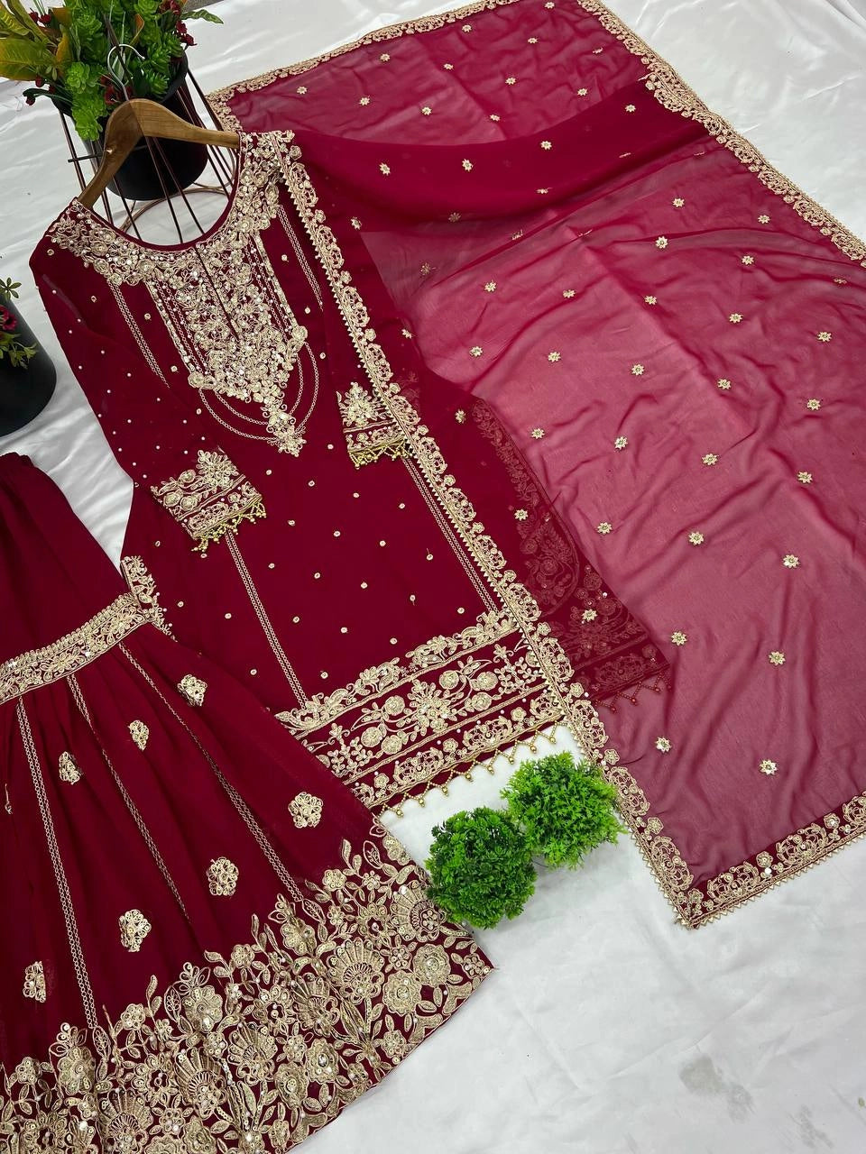 PREMIUM MAROON HEAVY EMBROIDERED WEDDING SUIT | DESIGNER PARTY WEAR PAKISTANI STYLE DRESS FOR WOMEN