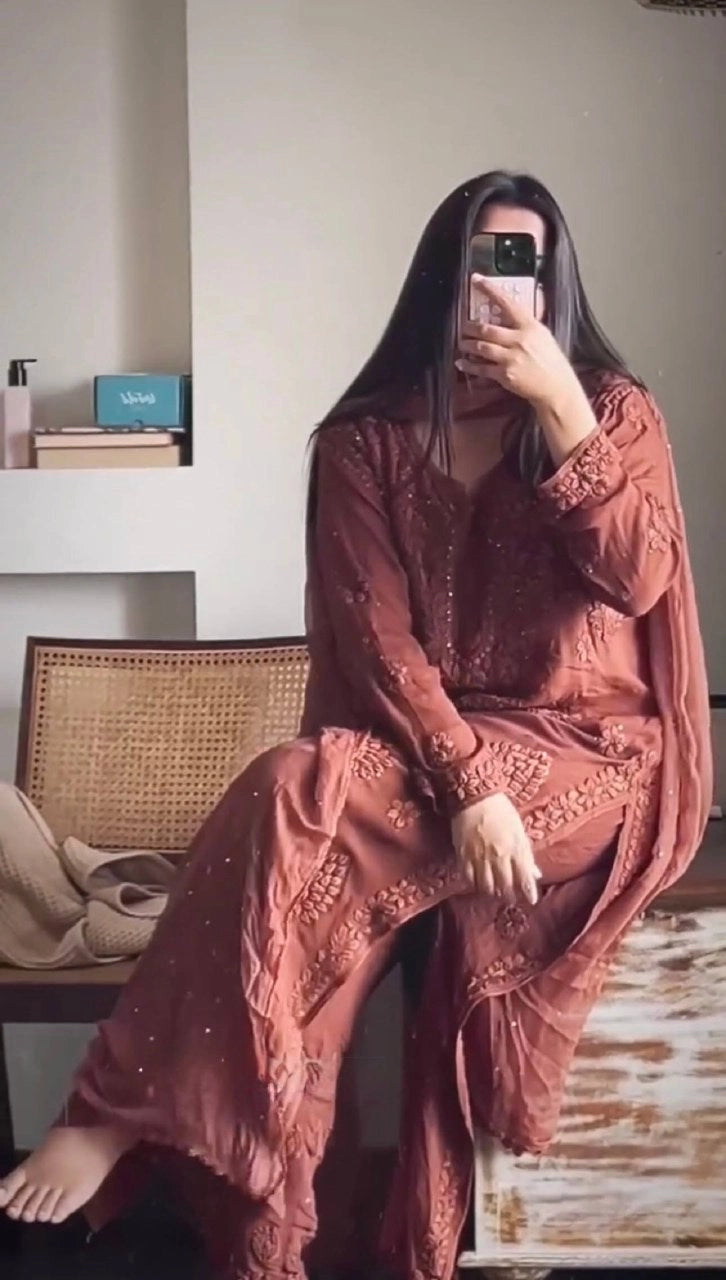 ELEGANT BROWN EMBROIDERED SUIT WITH DUPATTA | CASUAL & PARTY WEAR PAKISTANI DRESS FOR WOMEN