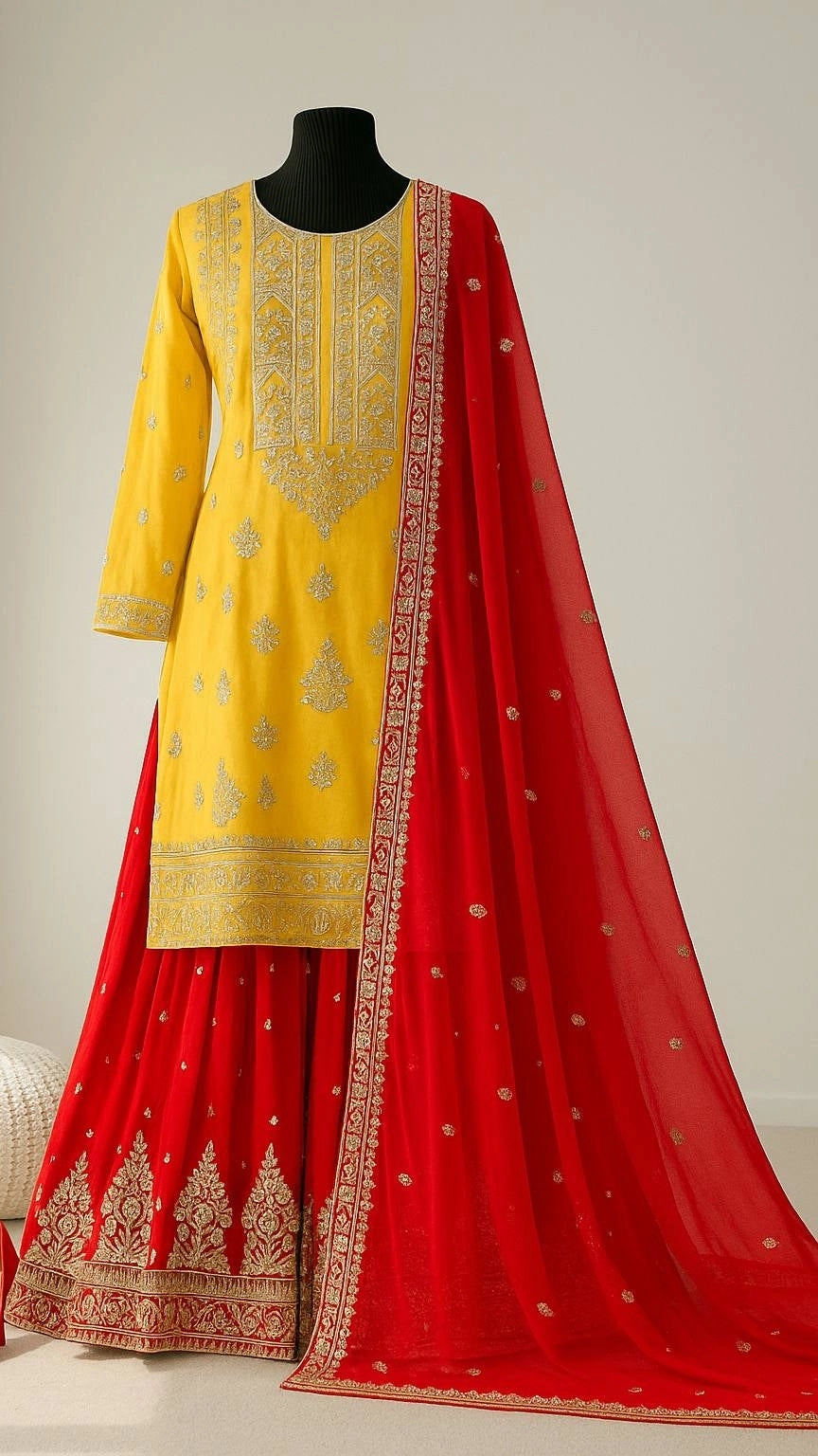 DESIGNER WHITE & YELLOW KURTA SHARARA SET WITH RED DUPATTA | LUXURY EMBROIDERED SUIT FOR WOMEN | WEDDING & FESTIVE COLLECTION