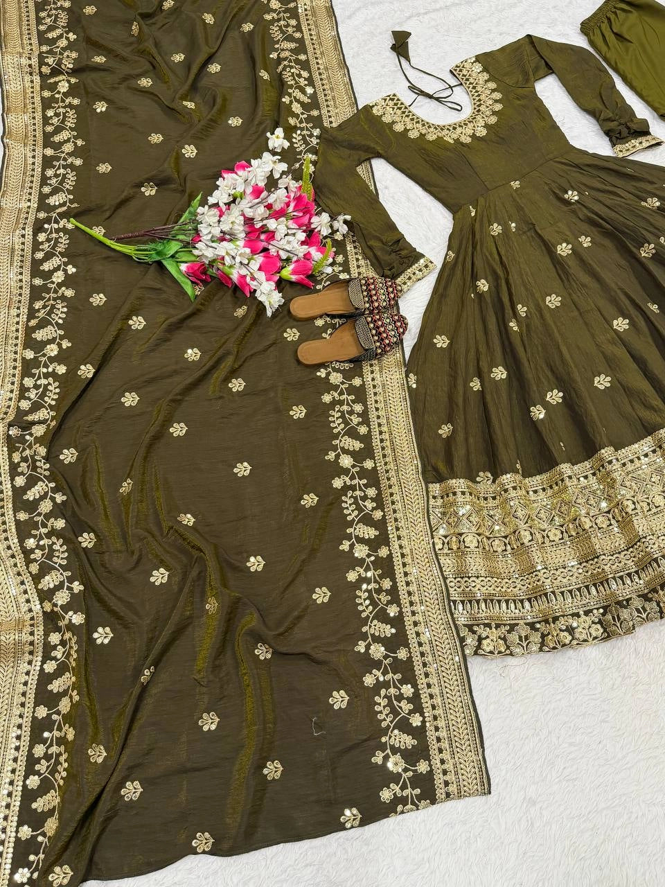 PREMIUM OLIVE GREEN HEAVY EMBROIDERED ANARKALI SUIT SET WITH DUPATTA | WHOLESALE RATE AT GEELAN FASHION SURAT