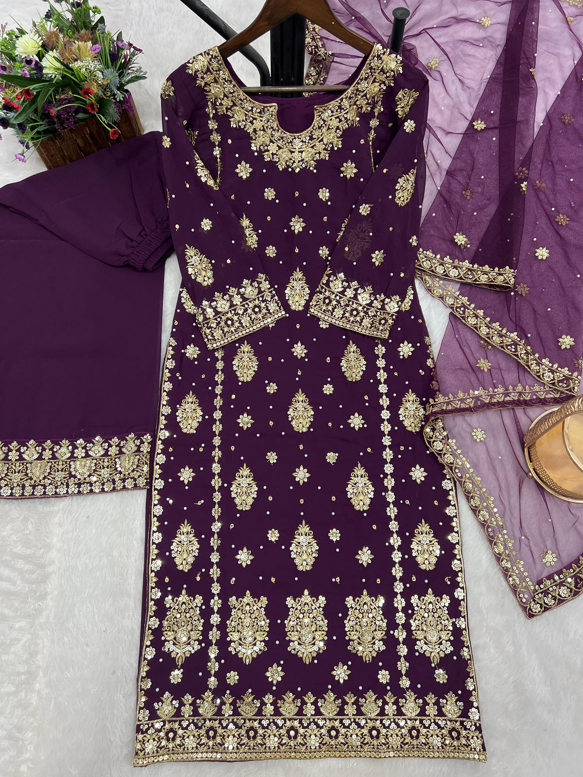 3 PIECE STYLISH KURTI DUPATTA WITH BEAUTIFUL PLAZZO WHOLESALE GEELAN FASHION SURAT