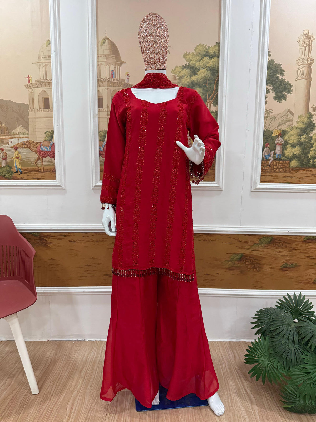 3 PIECES KURTI, PLAZZO & DUPATTA WITH ORIGINAL BEADS CUT DANA WORK WHOLESALE GEELAN FASHION SURAT