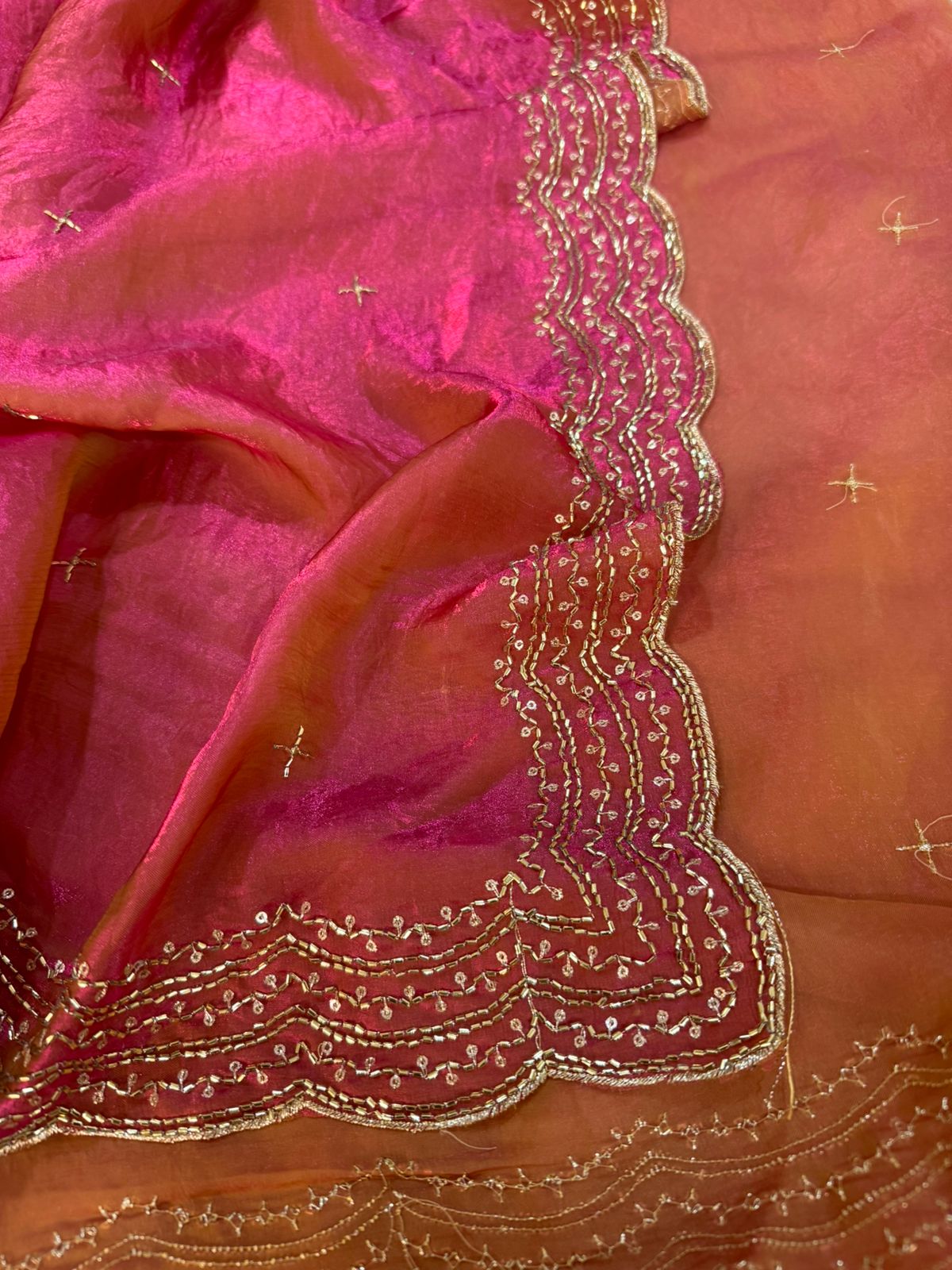 PREMIUM TWO TONE SPACE SILK SAREE WITH BEAUTIFUL MULTI SEQUENCE & CUTDENA WORK IN ALL OVER SAREE PAIRED WITH A MATCHING EMBROIDERY BLOUSE FEATURING RICH EMBROIDERY WORK WHOLESALE GEELAN FASHION SURAT