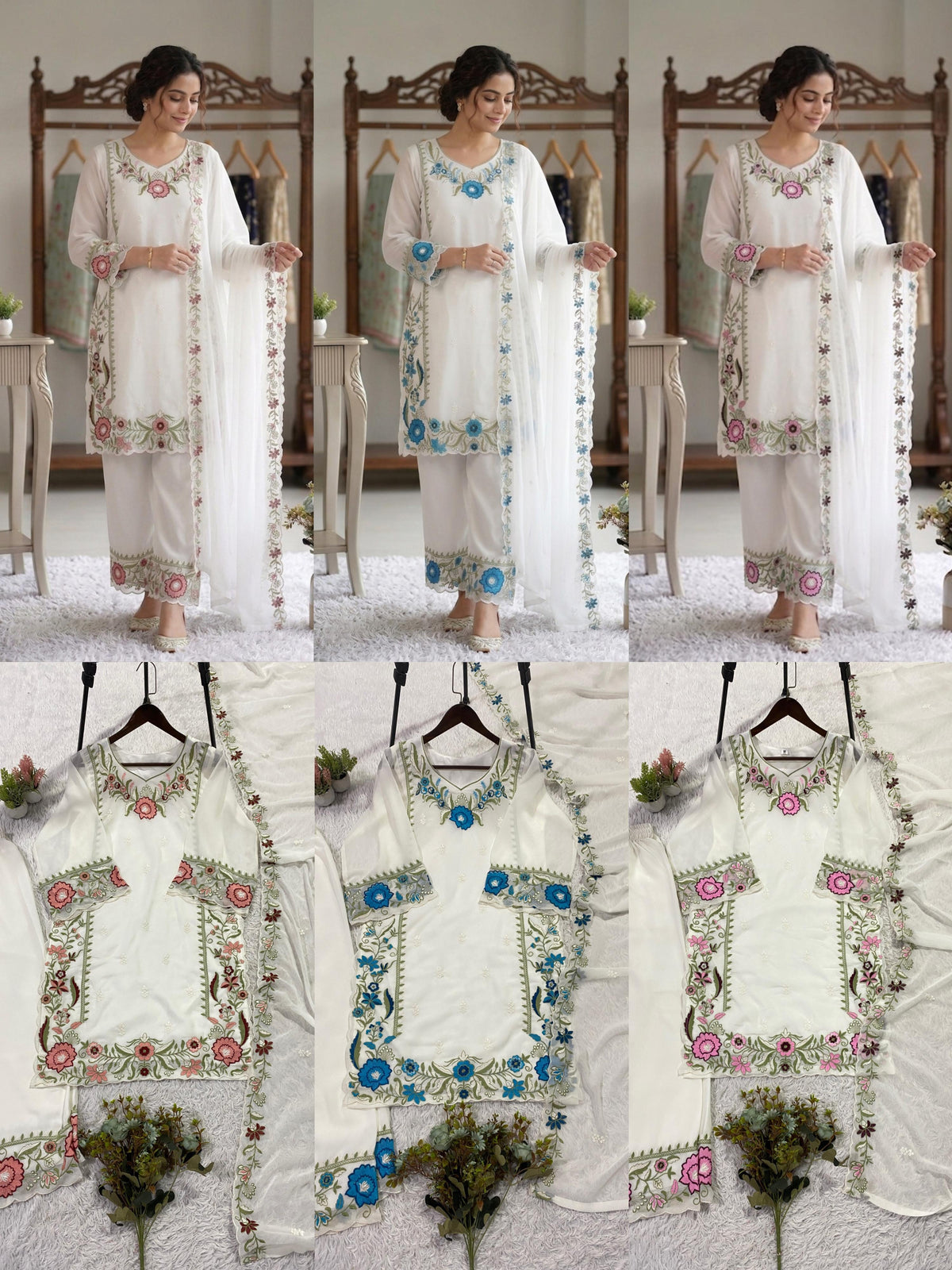 THIS SESSION WEAR OUR BEAUTIFUL EMBROIDERED TOP , PLAZZO WITH DUPATTA IN 3 BEAUTIFUL COLOURS WHOLESALE GEELAN FASHION SURAT