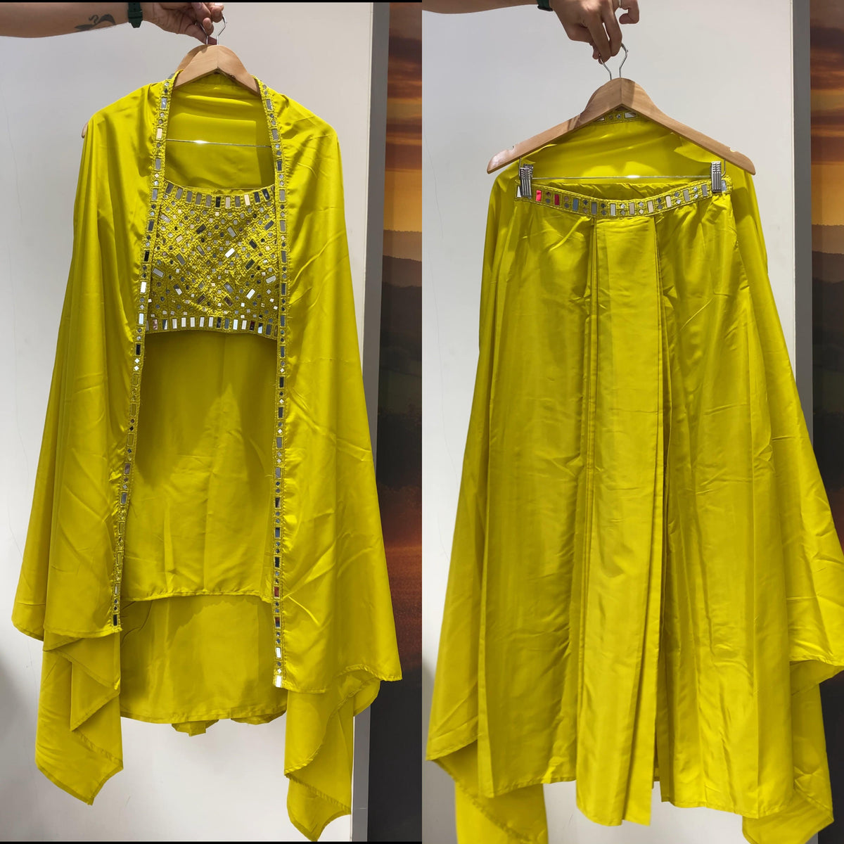 THIS WEDDING SEASON WEAR OUR BEAUTIFUL 3 PIECE WITH REAL MIRROR WITH EMBROIDERED BLOUSE, SKIRT AND LONG SHRUGE WHOLESALE GEELAN FASHION SURAT