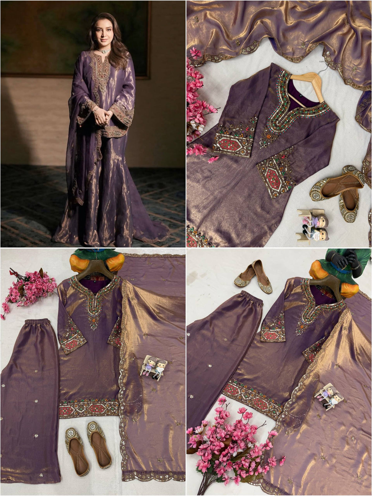 ENHANCE THE BEAUTY OF YOUR WARDROBE WITH THIS NEWLY LAUNCHED FENDY SILK KURTI & PLAZZO SET WITH STONE HANDWORK WHOLESALE GEELAN FASHION SURAT