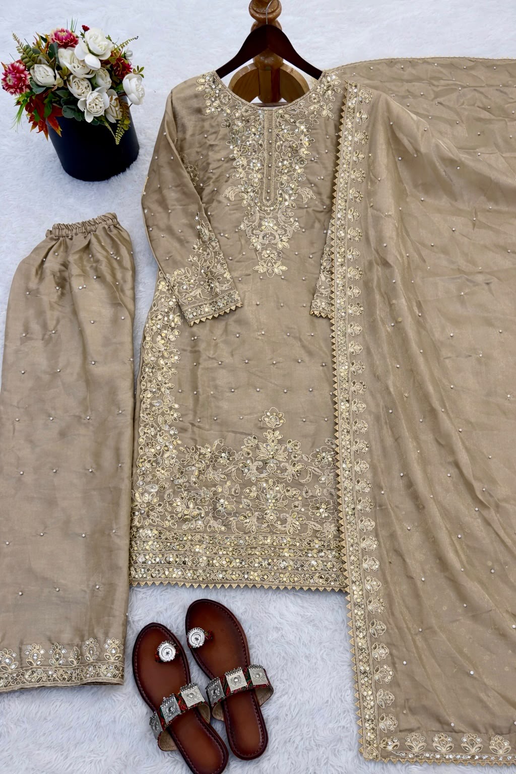 NEW DESIGNER COLLECTION IN GMY SILK WITH HEAVY EMBROIDERY CODING SEQUENCE WORK TOP-BOTTOM AND DUPATTA SET FULLY STITCHED READY TO WEAR WHOLESALE GEELAN FASHION SURAT