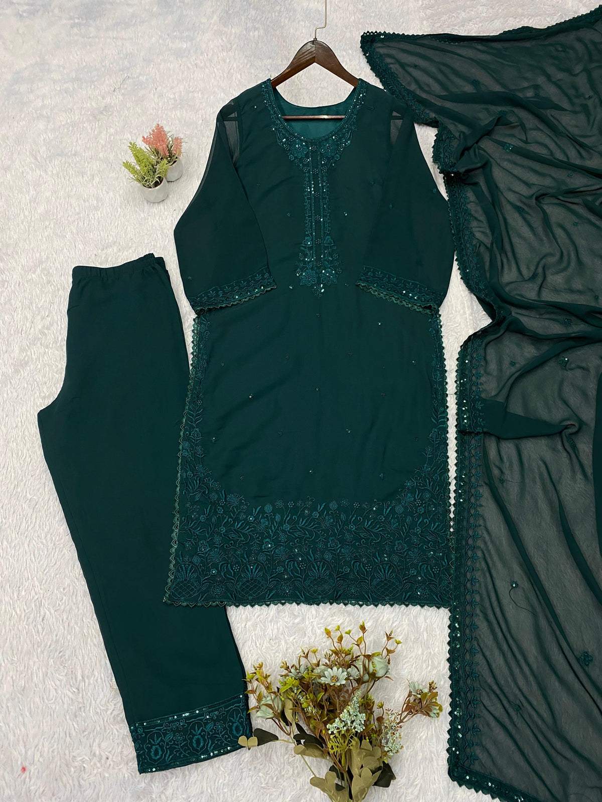 THIS WEDDING SEASON WEAR OUR BEAUTIFUL SEQUENCE EMBROIDERED TOP , PANT WITH DUPATTA WHOLESALE GEELAN FASHION SURAT