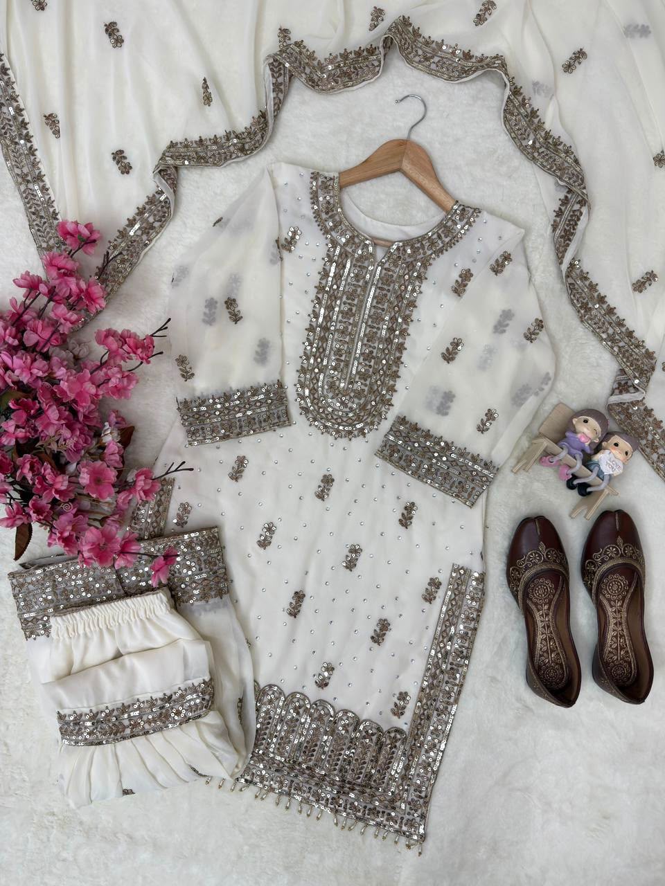 FAUX GEORGETTE EMBROIDERED KURTI SHARARA SET WITH DUPATTA WHOLESALE GEELAN FASHION SURAT