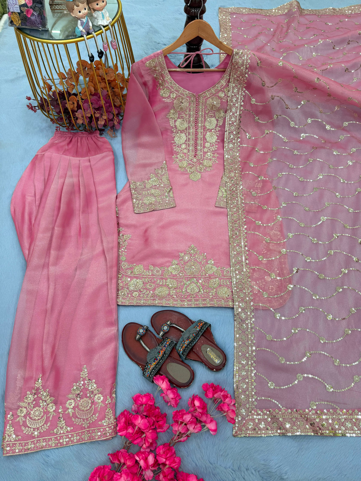 NEW 🦋 ĐĚSIGNER PARTY WEAR LOOK PUR NC MOSS SILK TOP & FARSHI PALAZZO WITH DUPATTA SET WHOLESALE GEELAN FASHION SURAT