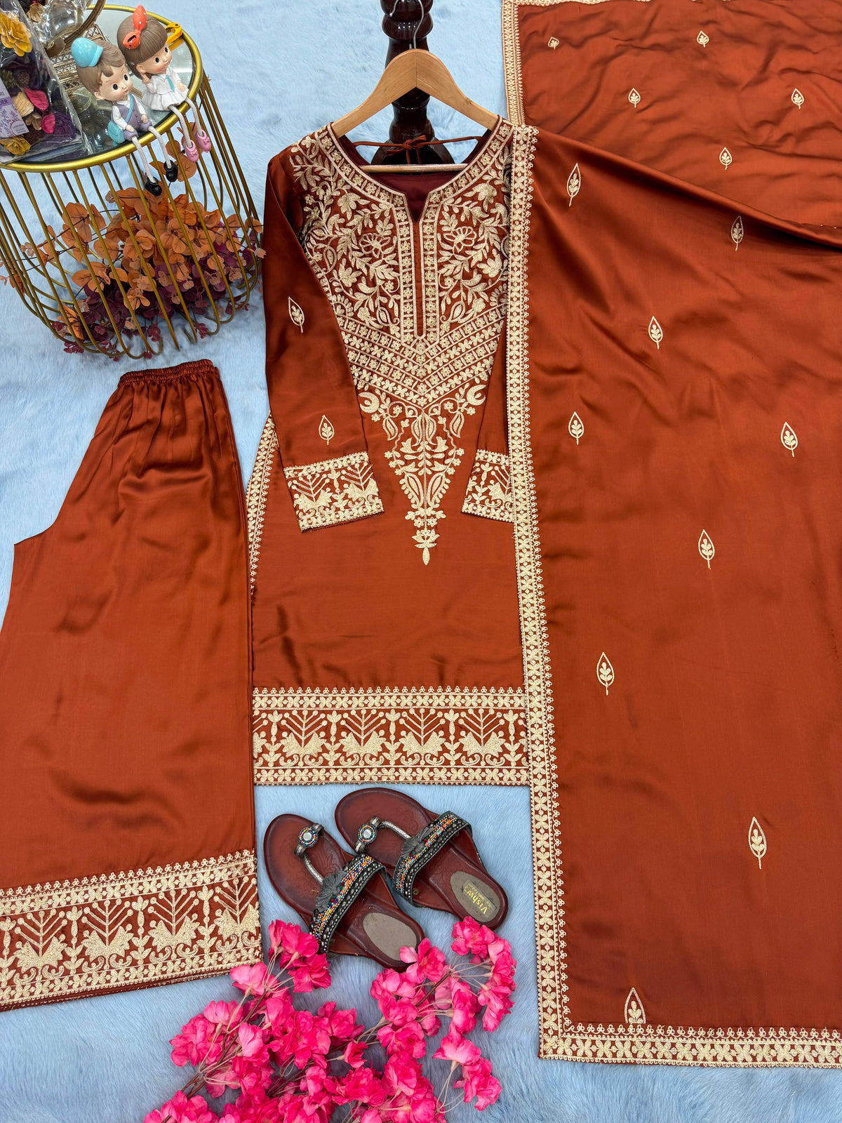 NEW 🦋 ĐĚSIGNER PARTY WEAR LOOK PUR CHINON SILK TOP & PALAZZO WITH DUPATTA SET WHOLESALE GEELAN FASHION SURAT