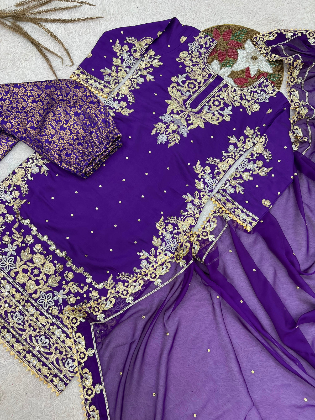 NEW READY TO WEAR DESIGN HEAVY EMBROIDERY AND SEQUENCE WORK TOP - WITH JACQUARD PLAZZO WITH DUPATTA WHOLESALE GEELAN FASHION SURAT
