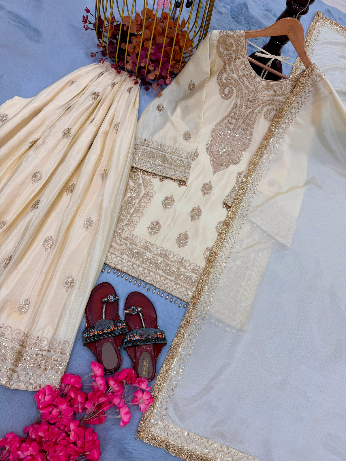 ĐĚSIGNER PARTY WEAR LOOK PUR CHINON SILK TOP PLAZZO & DUPATTA SET WHOLESALE GEELAN FASHION SURAT