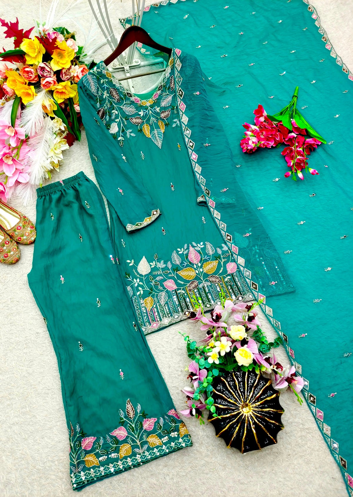 NEW DESIGN TRENDING NC MOSS SILK TOP&PALAZZO&DUPATTA WHOLESALE GEELAN FASHION SURAT