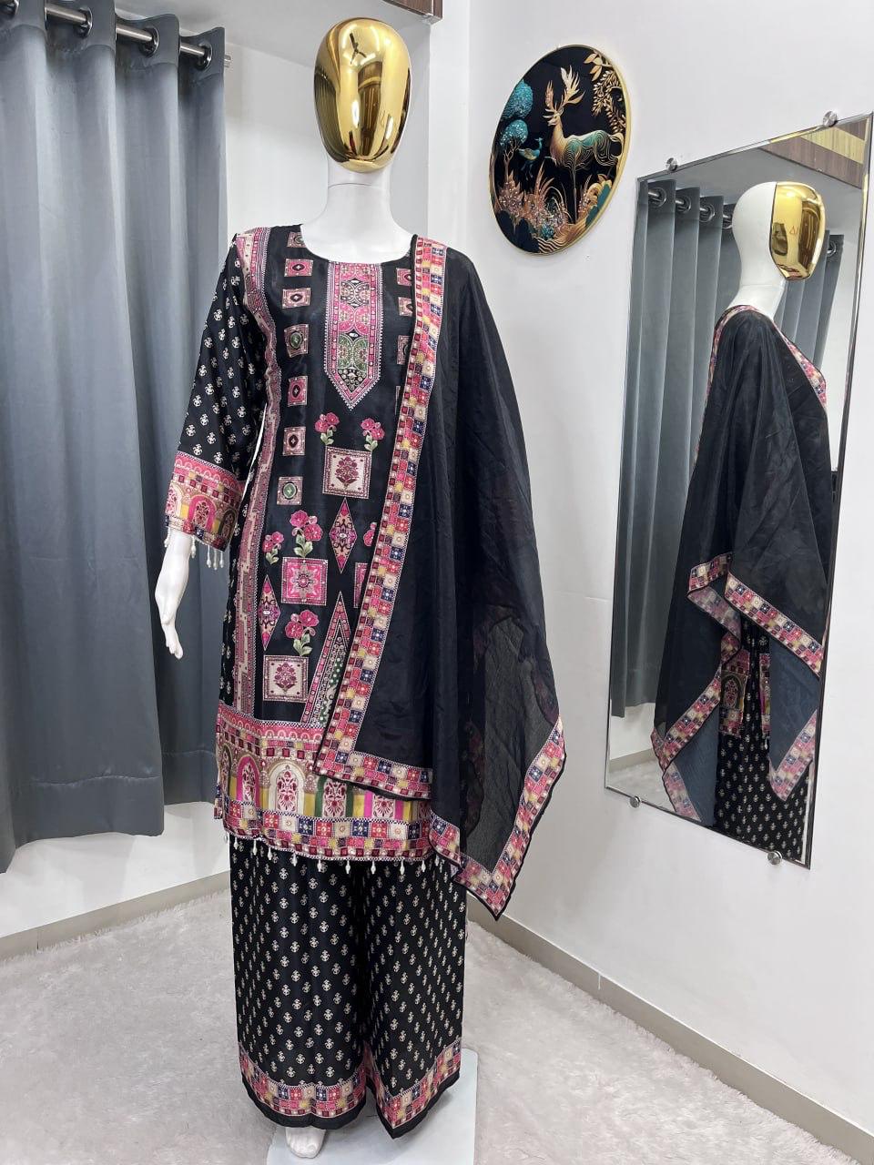 DESIGNER WEAR TRENDING TOP WITH PRINTED WORK AND STONE WORK TOP PLAZZO WITH DUPATTA SET WHOLESALE GEELAN FASHION SURAT
