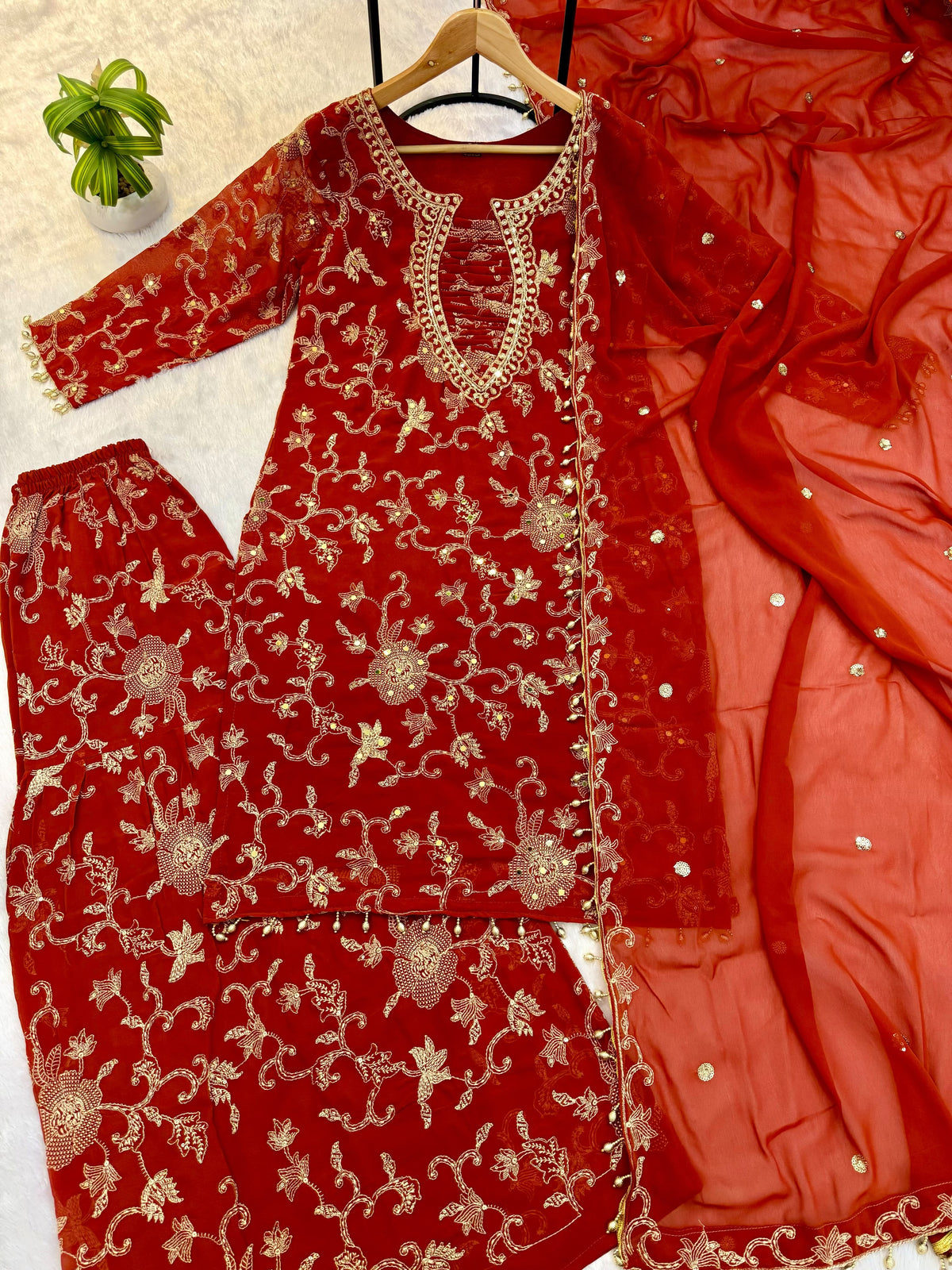 KURTI PLAZZO WITH FRONT & BACK HEAVY EMBROIDERY & REAL MIRROR WORK ON FAUX GEORGETTE FABRIC WHOLESALE GEELAN FASHION SURAT