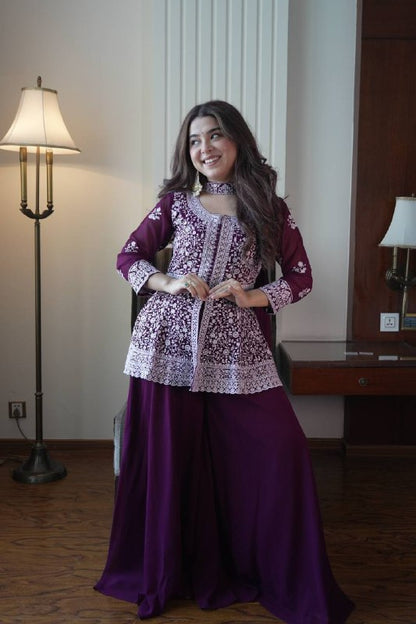 EMBROIDERED PEPLUM TOP WITH PLAZZO PAIR WHOLESALE GEELAN FASHION SURAT