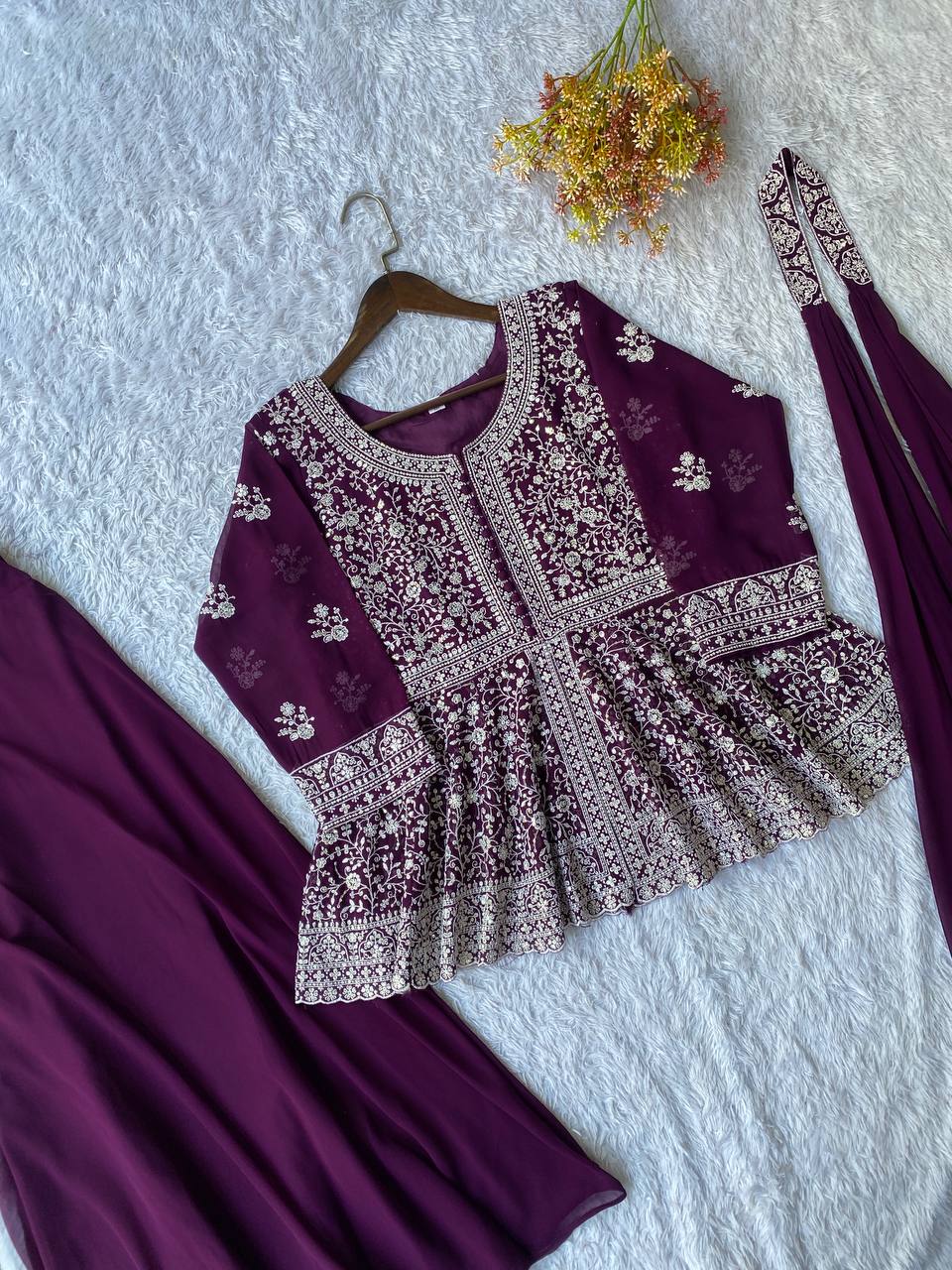 EMBROIDERED PEPLUM TOP WITH PLAZZO PAIR WHOLESALE GEELAN FASHION SURAT