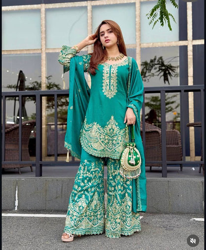 NEW DESIGN TRENDING CINON SILK *TOP&PENT PALAZZO&DUPATTA* REDDY TO WEAR LOOK DESIGNS WHOLESALE GEELAN FASHION SURAT