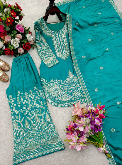 NEW DESIGN TRENDING CINON SILK *TOP&PENT PALAZZO&DUPATTA* REDDY TO WEAR LOOK DESIGNS WHOLESALE GEELAN FASHION SURAT