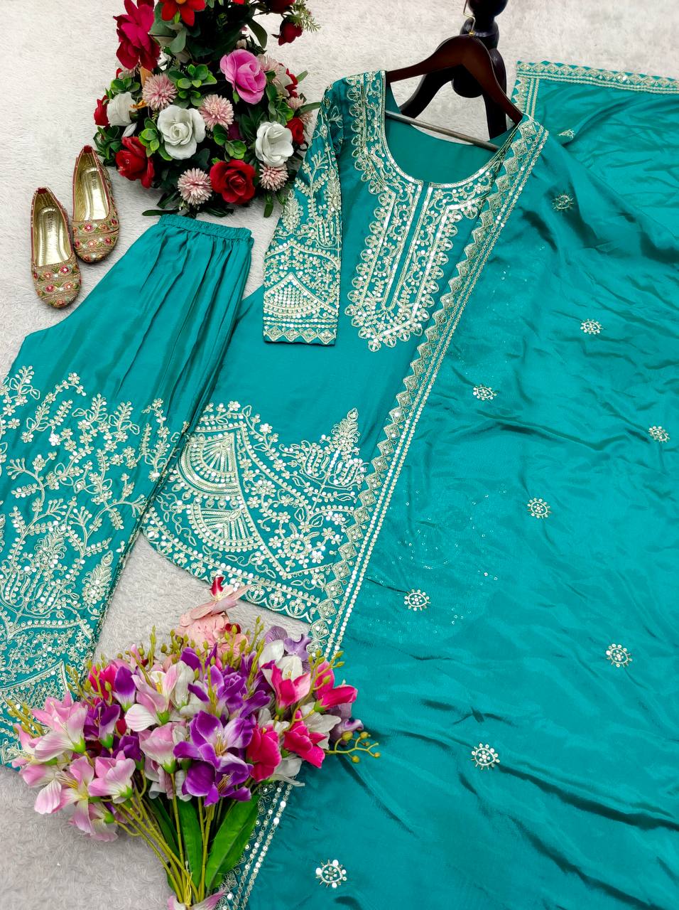 NEW DESIGN TRENDING CINON SILK *TOP&PENT PALAZZO&DUPATTA* REDDY TO WEAR LOOK DESIGNS WHOLESALE GEELAN FASHION SURAT