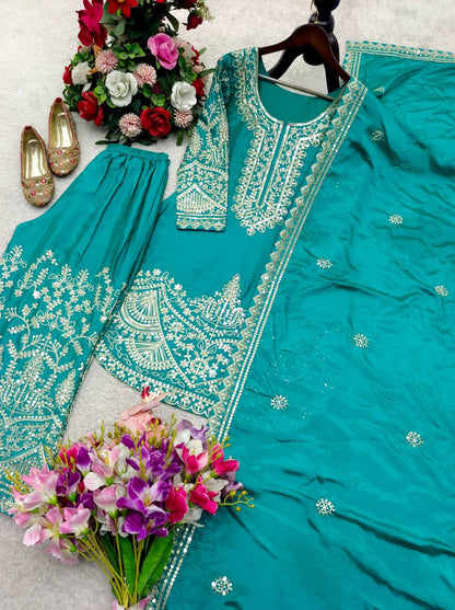NEW DESIGN TRENDING CINON SILK *TOP&PENT PALAZZO&DUPATTA* REDDY TO WEAR LOOK DESIGNS WHOLESALE GEELAN FASHION SURAT