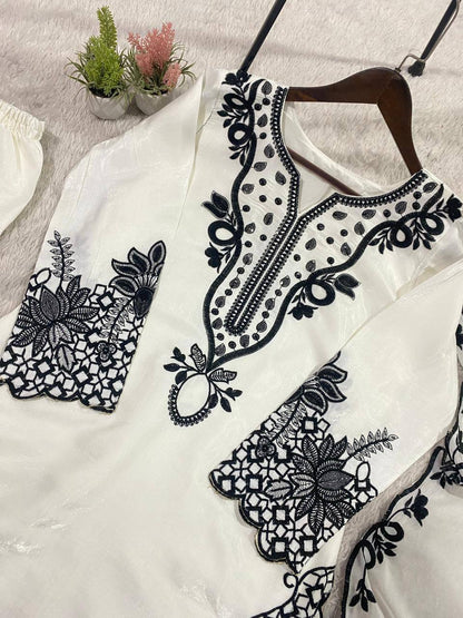 HANIA AMIR INSPIRED BAKRA EID WEAR OUR SEQUENCE EMBROIDERY WORKED TOP, FARSHI SALWAAR WITH DUPATTA WHOLESALE GEELAN FASHION SURAT