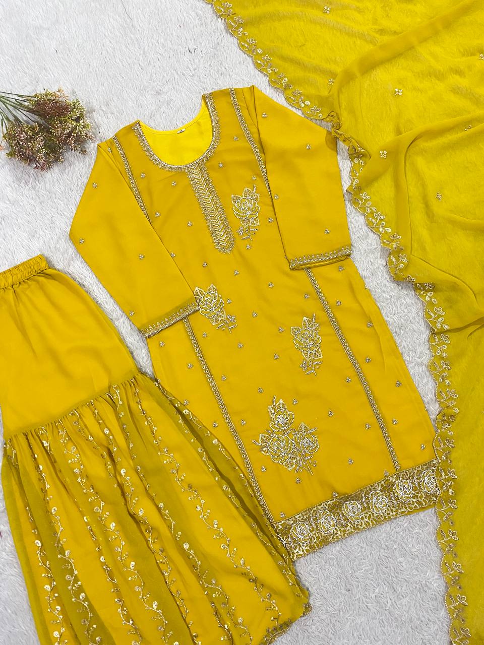 GHARARA PAIR FOX GEORGETTE   • SEQUENCE EMBROIDERY WORK WHOLESALE GEELAN FASHION SURAT