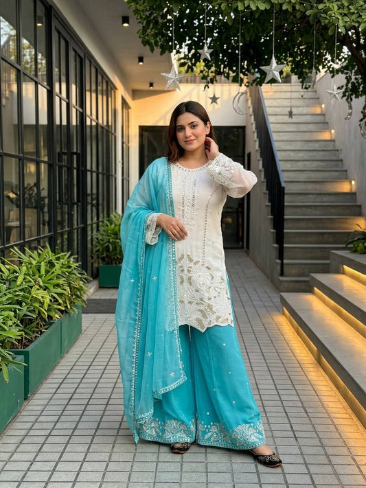 HEAVY EMBROIDERY SEQUENCE WORK 3 PIS SUIT SET WHOLESALE GEELAN FASHION SURAT