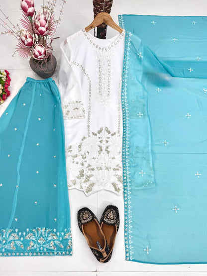 HEAVY EMBROIDERY SEQUENCE WORK 3 PIS SUIT SET WHOLESALE GEELAN FASHION SURAT