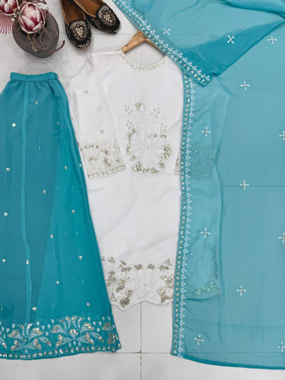 HEAVY EMBROIDERY SEQUENCE WORK 3 PIS SUIT SET WHOLESALE GEELAN FASHION SURAT