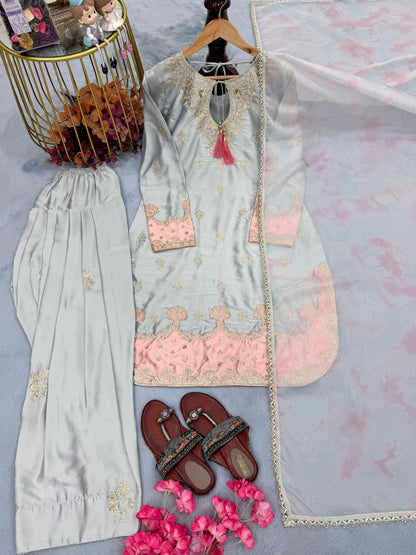 ĐĚSIGNER PARTY WEAR LOOK PUR JAPAN SATIN TOP & FARSHI PALAZZO WITH DUPATTA SET WHOLESALE GEELAN FASHION SURAT