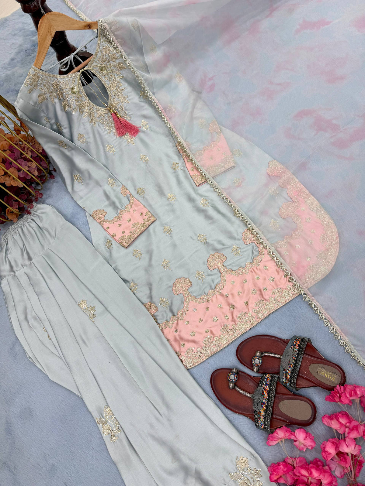 ĐĚSIGNER PARTY WEAR LOOK PUR JAPAN SATIN TOP & FARSHI PALAZZO WITH DUPATTA SET WHOLESALE GEELAN FASHION SURAT