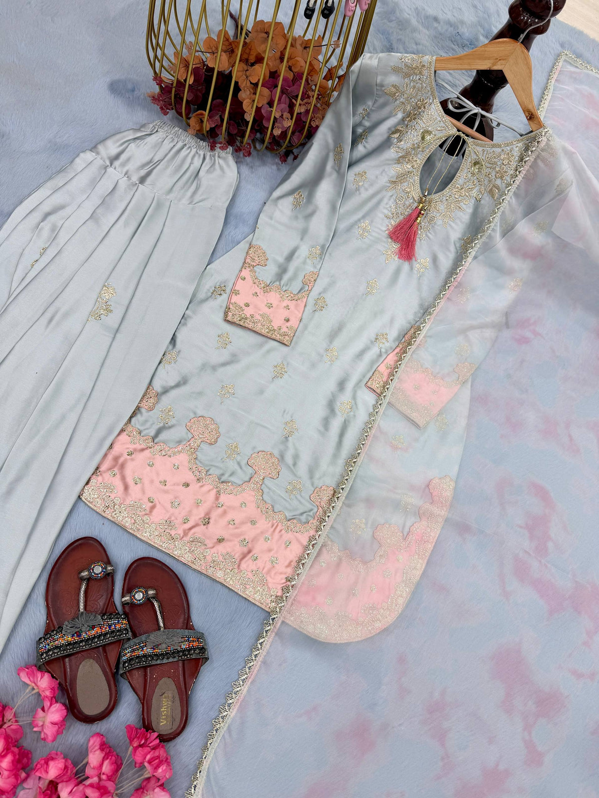 ĐĚSIGNER PARTY WEAR LOOK PUR JAPAN SATIN TOP & FARSHI PALAZZO WITH DUPATTA SET WHOLESALE GEELAN FASHION SURAT