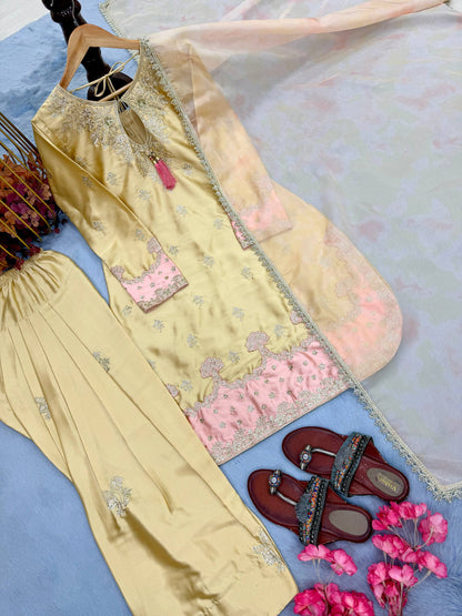 ĐĚSIGNER PARTY WEAR LOOK PUR JAPAN SATIN TOP & FARSHI PALAZZO WITH DUPATTA SET WHOLESALE GEELAN FASHION SURAT