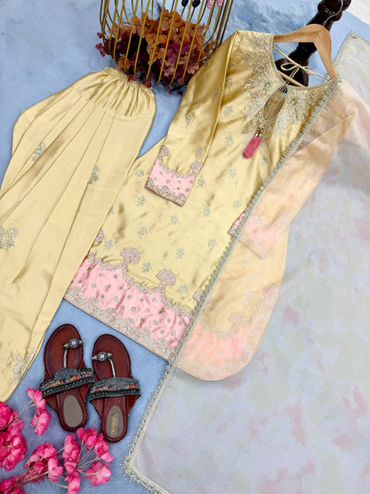 ĐĚSIGNER PARTY WEAR LOOK PUR JAPAN SATIN TOP & FARSHI PALAZZO WITH DUPATTA SET WHOLESALE GEELAN FASHION SURAT