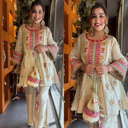 EXCLUSIVE AND TRENDY CO-ORD SET FOR WEDDING SEASON WITH MIRROR AND SEQUENCE EMBROIDERED TOP AND PLAZZO WHOLESALE GEELAN FASHION SURAT
