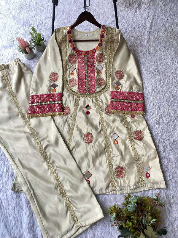 EXCLUSIVE AND TRENDY CO-ORD SET FOR WEDDING SEASON WITH MIRROR AND SEQUENCE EMBROIDERED TOP AND PLAZZO WHOLESALE GEELAN FASHION SURAT