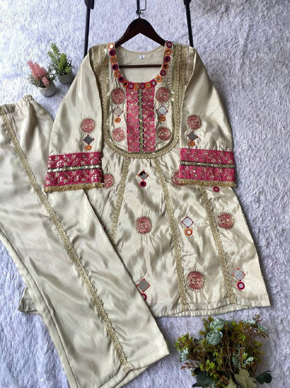 EXCLUSIVE AND TRENDY CO-ORD SET FOR WEDDING SEASON WITH MIRROR AND SEQUENCE EMBROIDERED TOP AND PLAZZO WHOLESALE GEELAN FASHION SURAT