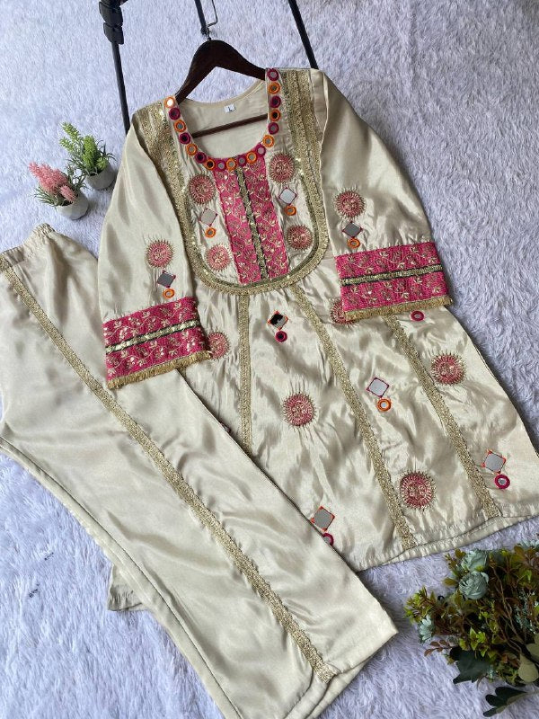 EXCLUSIVE AND TRENDY CO-ORD SET FOR WEDDING SEASON WITH MIRROR AND SEQUENCE EMBROIDERED TOP AND PLAZZO WHOLESALE GEELAN FASHION SURAT