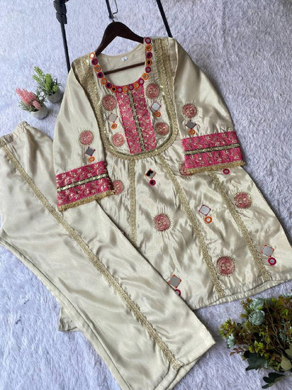 EXCLUSIVE AND TRENDY CO-ORD SET FOR WEDDING SEASON WITH MIRROR AND SEQUENCE EMBROIDERED TOP AND PLAZZO WHOLESALE GEELAN FASHION SURAT