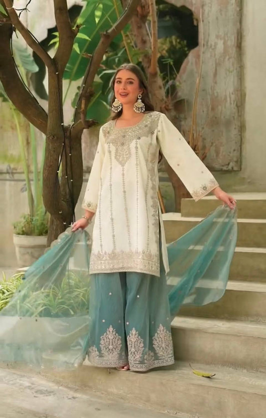 ĐĚSIGNER PARTY WEAR TOP AND PLAZZO. WITH FANCY DUPPATA AND EMBROIDERY WORK WHOLESALE GEELAN FASHION SURAT