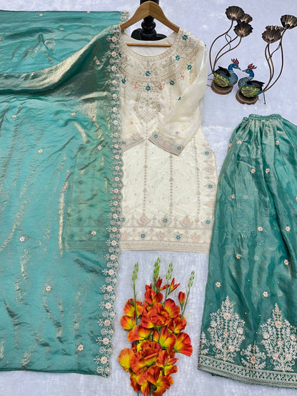 ĐĚSIGNER PARTY WEAR TOP AND PLAZZO. WITH FANCY DUPPATA AND EMBROIDERY WORK WHOLESALE GEELAN FASHION SURAT