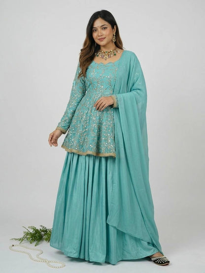 HEAVY FANDY SILK  WITH HEAVY  EMBROIDERY 5MM SEQUENCE WORK WITH FULL SLEEVE WITH READYMADE LESS. WHOLESALE GEELAN FASHION SURAT